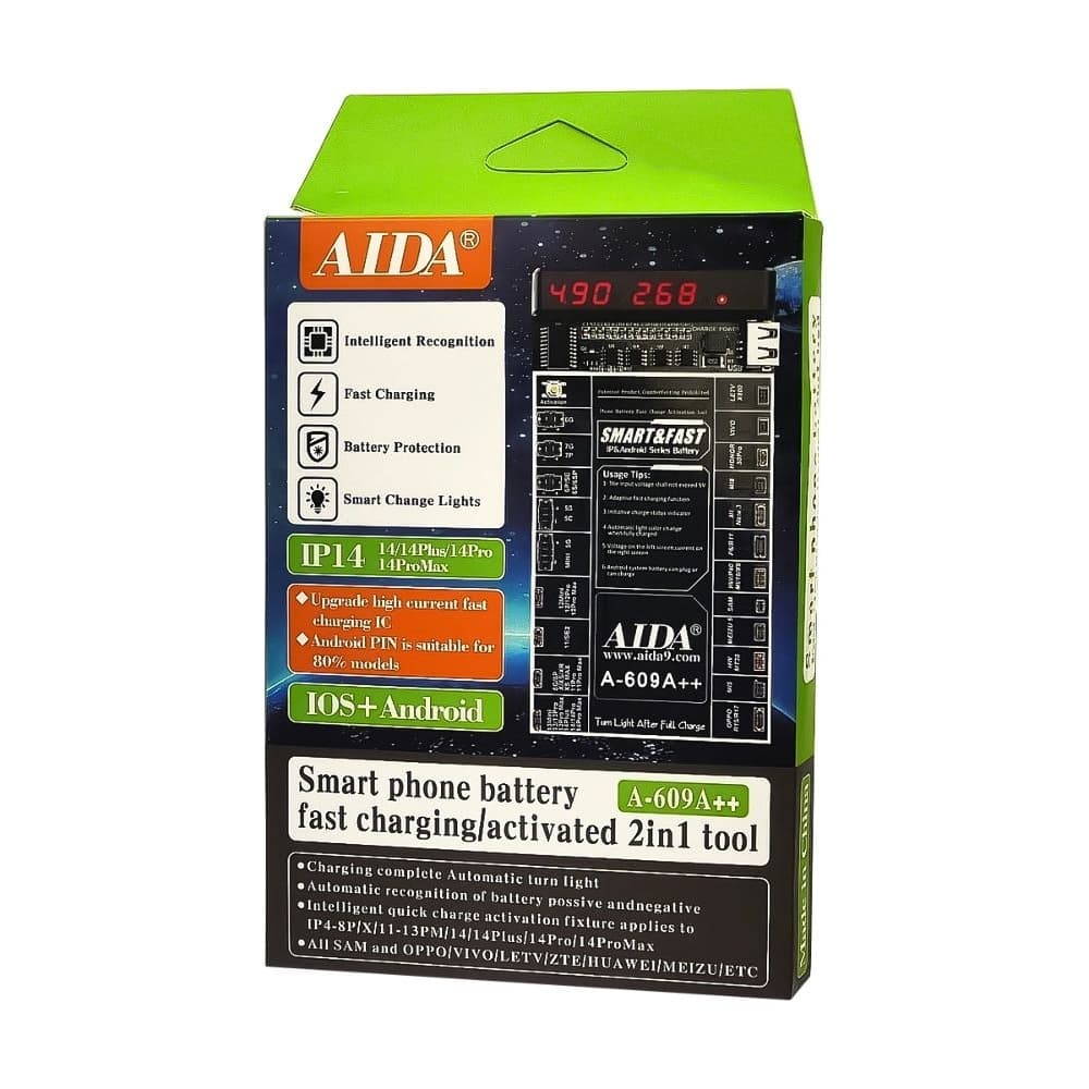 Плата активации и зарядки аккумуляторов Aida A-609A++ с цифровая индикация (5G -14 Pro Max,HUAWEI,LENOVO,VIVO,MI,ZTE; кабели microUSB, USB A, штеккеры БП)