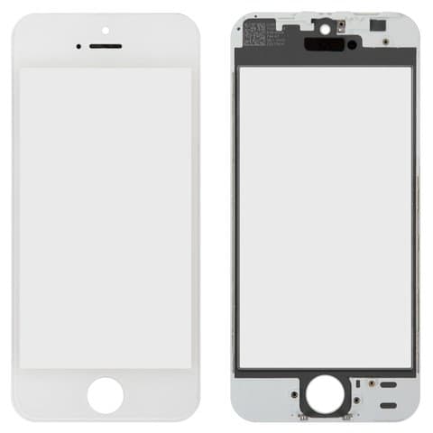 Стекло дисплея Apple iPhone 5S, iPhone SE, белое, с рамкой | стекло тачскрина