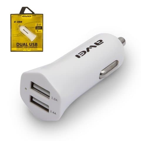 Автомобильное зарядное устройство Awei C-300, 2 USB, 2.4 А, белое