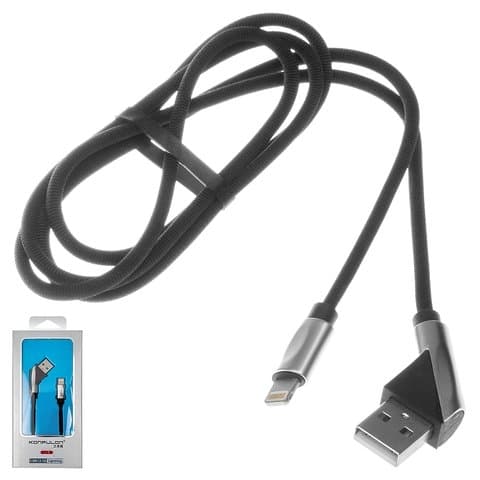 USB-кабель Konfulon S68, Lightning, 2.1 А, 100 см, Г-образный, в нейлоновой оплетке, чорний