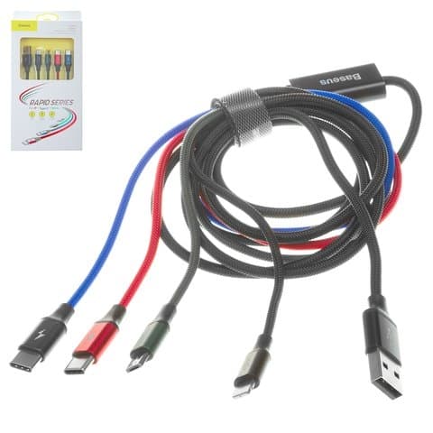 USB-кабель Baseus, Type-C, Micro-USB, Lightning, 120 см, передача данных только на Lightning, в нейлоновой оплетке, 4 в 1, 3.5 А, черный, CA1T4-B01