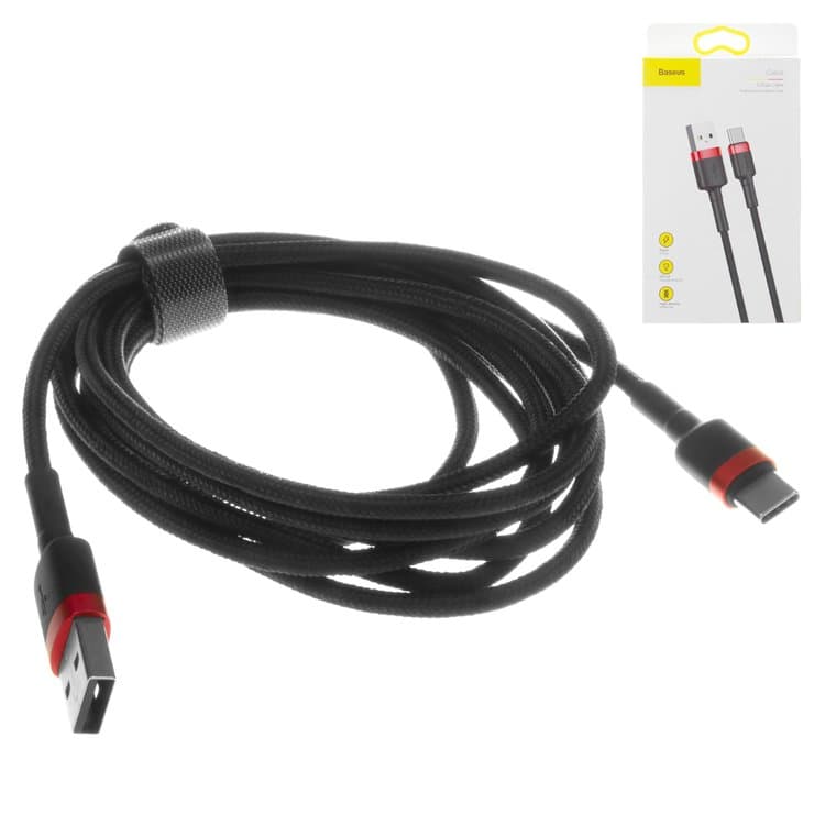 USB-кабель Baseus, Type-C, 200 см, в нейлоновой оплетке, 2.0 А, чорний, красный, #CATKLF-C91