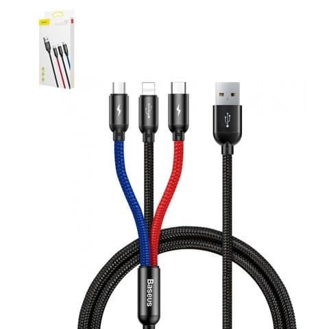 USB-кабель Baseus, Type-C, Micro-USB, Lightning, 120 см, передача данных только на Lightning, в нейлоновой оплетке, 3.5 А, 3 в 1, черный, #CAMLT-BSY01