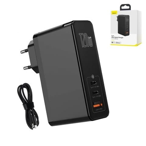 Сетевое зарядное устройство Baseus GaN Mini, 1 USB, 2 Type-C, Quick Charge, с кабелем Type-C на Type-C, 120 Вт, черное, CCGAN-J01