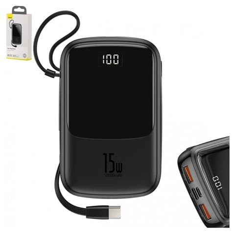 Power bank Baseus Q pow, 10000 mAh, с дисплеем, с USB кабелем тип-C, черный, Quick Charge, 15 Вт, #PPQD-A01