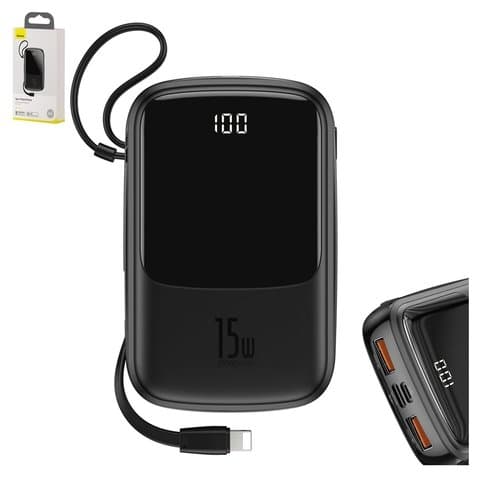 Power bank Baseus Q pow, 10000 mAh, с дисплеем, c кабелем USB тип-C к Lightning Apple, чорний, Quick Charge, 15 Вт, #PPQD-B01