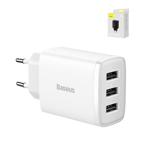 Сетевое зарядное устройство Baseus Compact Charger, 220 В, белое, USB тип-A, 17 Вт, 3 порта, CCXJ020102