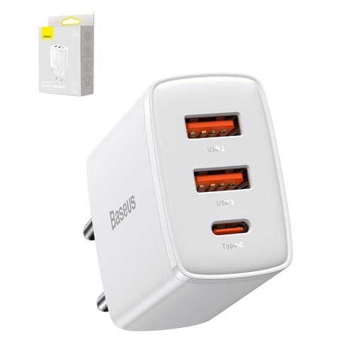 Сетевое зарядное устройство Baseus Compact, Quick Charge, 220 В, белое, USB Type-C, USB тип-A, 30 Вт, 3 порта, CCXJ-E02