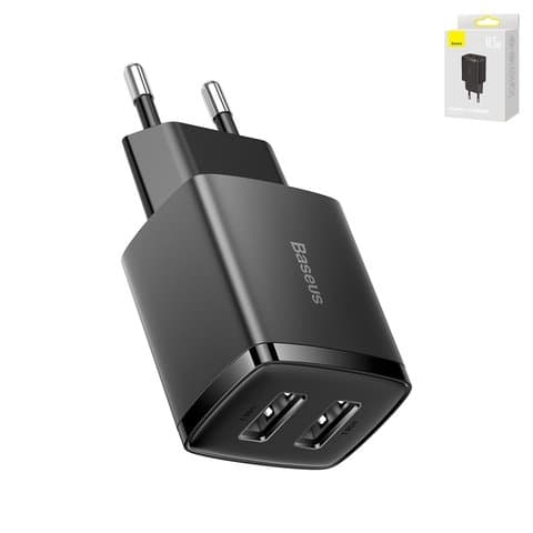 Сетевое зарядное устройство Baseus Compact Charger, 220 В, черное, USB тип-A, 10,5 Вт, 2 порта, CCXJ010201