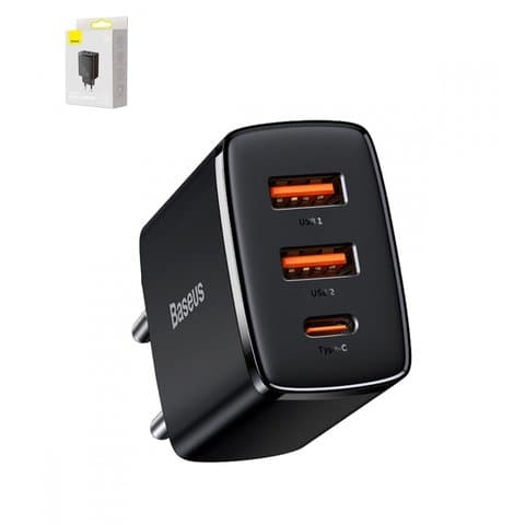 Сетевое зарядное устройство Baseus Compact, Quick Charge, 220 В, черное, USB Type-C, USB тип-A, 30 Вт, 3 порта, CCXJ-E01