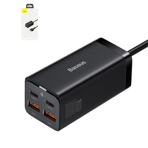 Сетевое зарядное устройство Baseus GaN3 Pro, Fast Charge, черное, USB Type-C, USB тип-A, c кабелем USB Type-C к USB Type-C, 100 Вт, 4 порта, CCGP000101