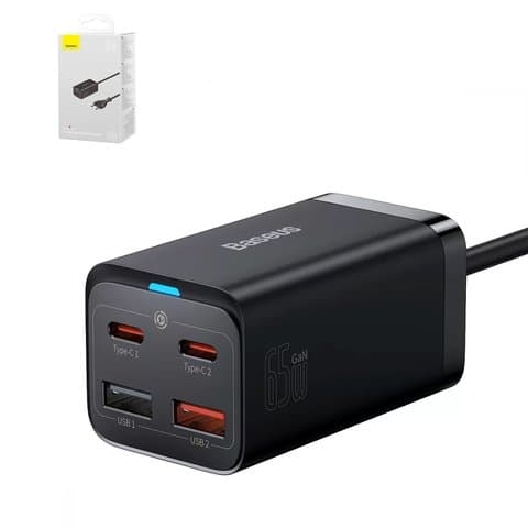 Сетевое зарядное устройство Baseus GaN3 Pro, Fast Charge, черное, USB Type-C, USB тип-A, c кабелем USB Type-C к USB Type-C, 65 Вт, 3 порта, CCGP040101