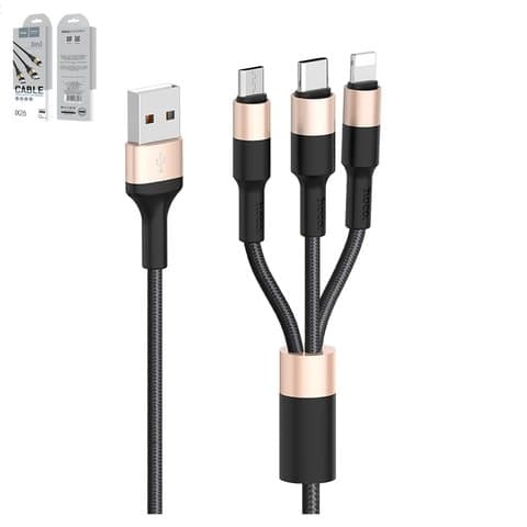 USB-кабель Hoco X26, Type-C, Micro-USB, Lightning, 100 см, 2.0 А, чорний, золотистий