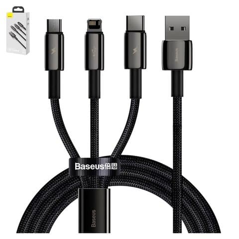 USB-кабель Baseus Tungsten Gold, Type-C, USB, Micro-USB, Lightning, 150 см, 3,5 А, чорний, #CAMLTWJ-01