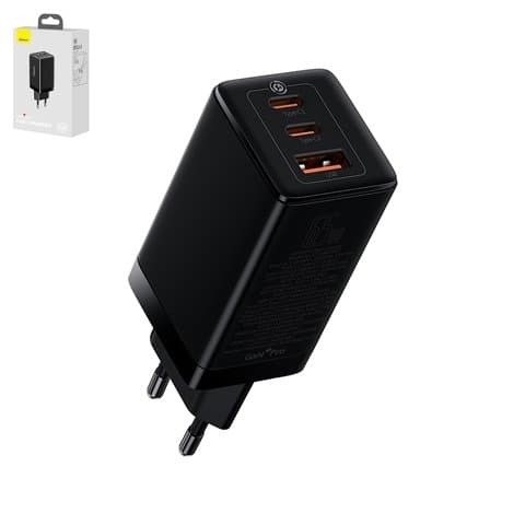 Сетевое зарядное устройство Baseus GaN3 Pro, 65 Вт, Quick Charge, чорний, c кабелем USB тип-C к USB тип-C, 3 порта, #CCGP050101