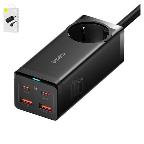 Сетевое зарядное устройство Baseus GaN3 Pro Desktop, 100 Вт, Quick Charge, чорний, с розеткой, c кабелем USB тип-C к USB тип-C, 4 порта, #PSZM000401
