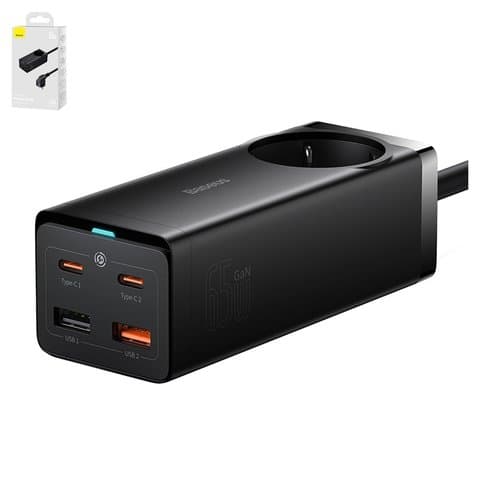Сетевое зарядное устройство Baseus GaN3 Pro Desktop, 65 Вт, Quick Charge, черный, с розеткой, c кабелем USB тип-C к USB тип-C, 4 порта, #PSZM000901