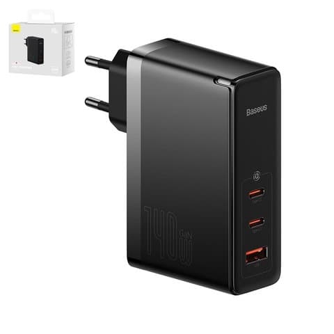 Сетевое зарядное устройство Baseus GaN5 Pro, 140 Вт, Quick Charge, чорний, c кабелем USB тип-C к USB тип-C, 3 порта, #CCGP100201