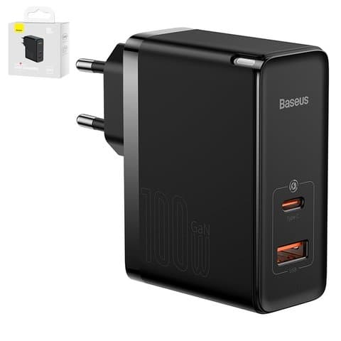 Сетевое зарядное устройство Baseus GaN5 Pro, 100 Вт, Quick Charge, чорний, c кабелем USB тип-C к USB тип-C, 2 порта, #CCGP090201
