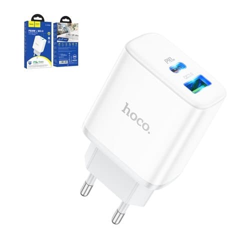 Сетевое зарядное устройство Hoco C105A, Power Delivery (20 Вт), белый, 2 порта, #6931474782946