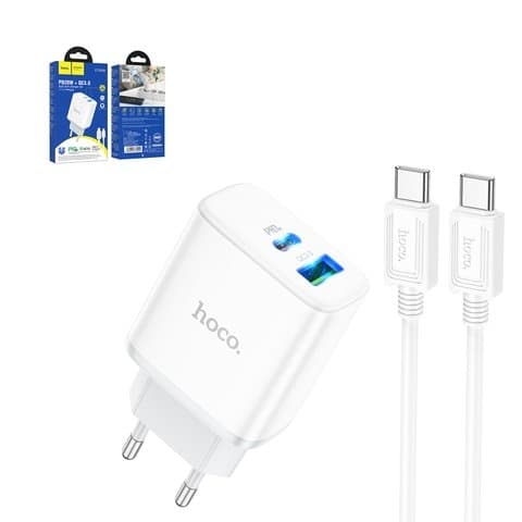 Сетевое зарядное устройство Hoco C105A, Power Delivery (20 Вт), білий, c кабелем USB тип-C к USB тип-C, 2 порта, #6931474782922