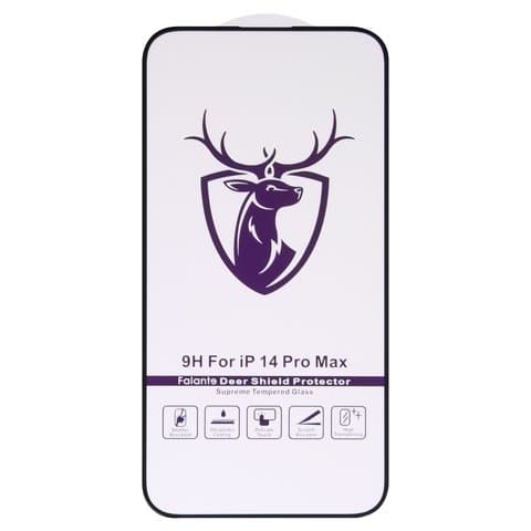 Закаленное защитное стекло Apple iPhone 14 Pro Max, iPhone 15 Plus, черное, Full Glue (клей по всей площади стекла), HD deer, совместимо с чехлом