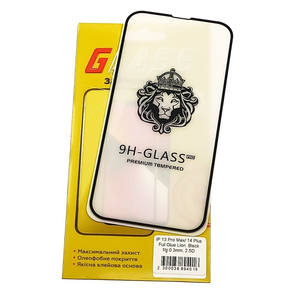 Закаленное защитное стекло Apple iPhone 13 Pro Max, iPhone 14 Plus, Full Glue (клей по всей площади стекла), черное, Lion, 0.3 мм, 2.5D, совместимо с чехлом