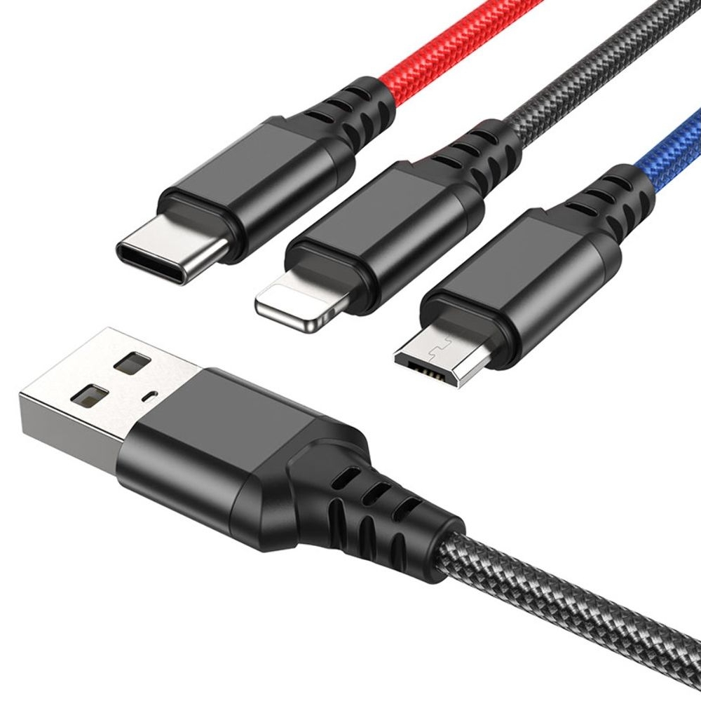 USB-кабель Hoco X76, 3 в 1, Lightning, Type-C, Micro-USB, 100 см, черный, только для зарядки, режим передачи данных отключен