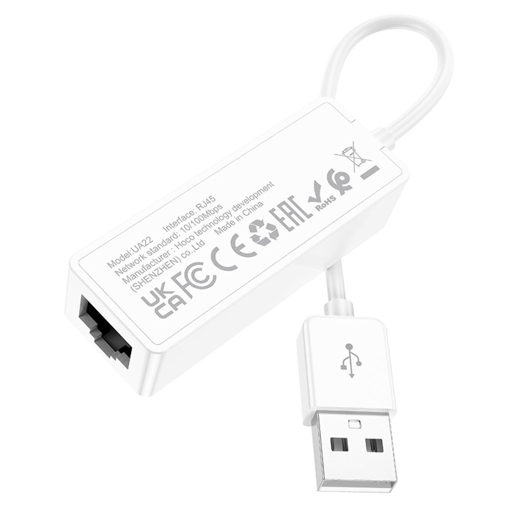 Адаптер переходник Hoco UA22, LAN 100 Mbps USB на RJ45 (F), 14 см, белый