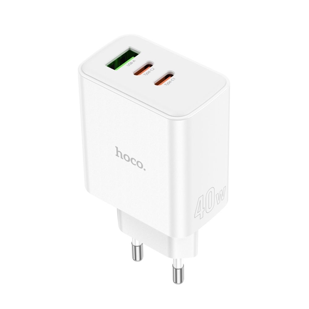 Сетевое зарядное устройство Hoco C126A, 1 USB, 2 Type-C, PowerDelivery (40 Вт), белое, без кабеля