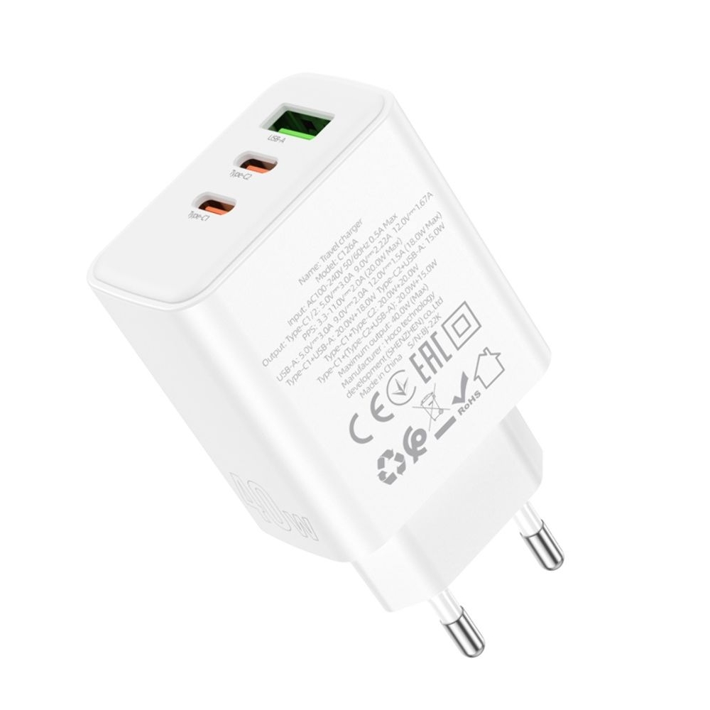 Сетевое зарядное устройство Hoco C126A, 1 USB, 2 Type-C, PowerDelivery (40 Вт), белое, без кабеля