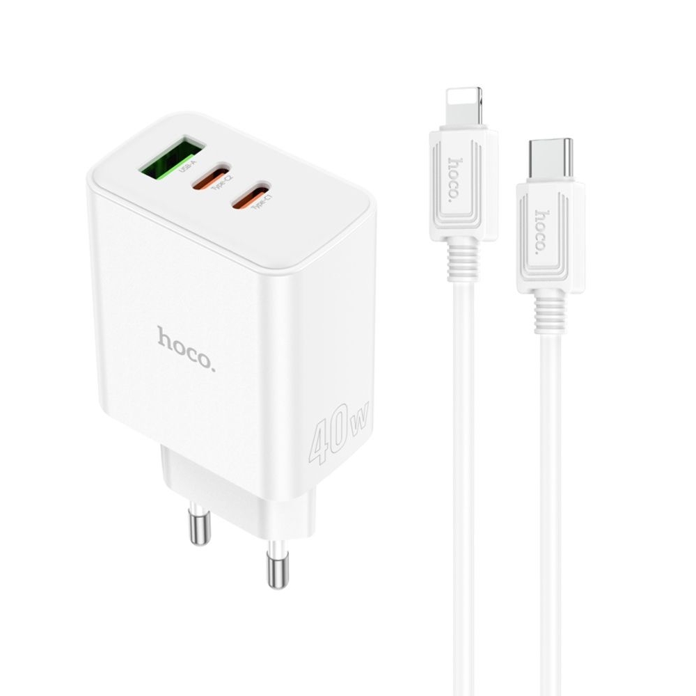 Сетевое зарядное устройство Hoco C126A, 1 USB, 2 Type-C, PowerDelivery (40 Вт), белое, с кабелем Type-C на Lightning