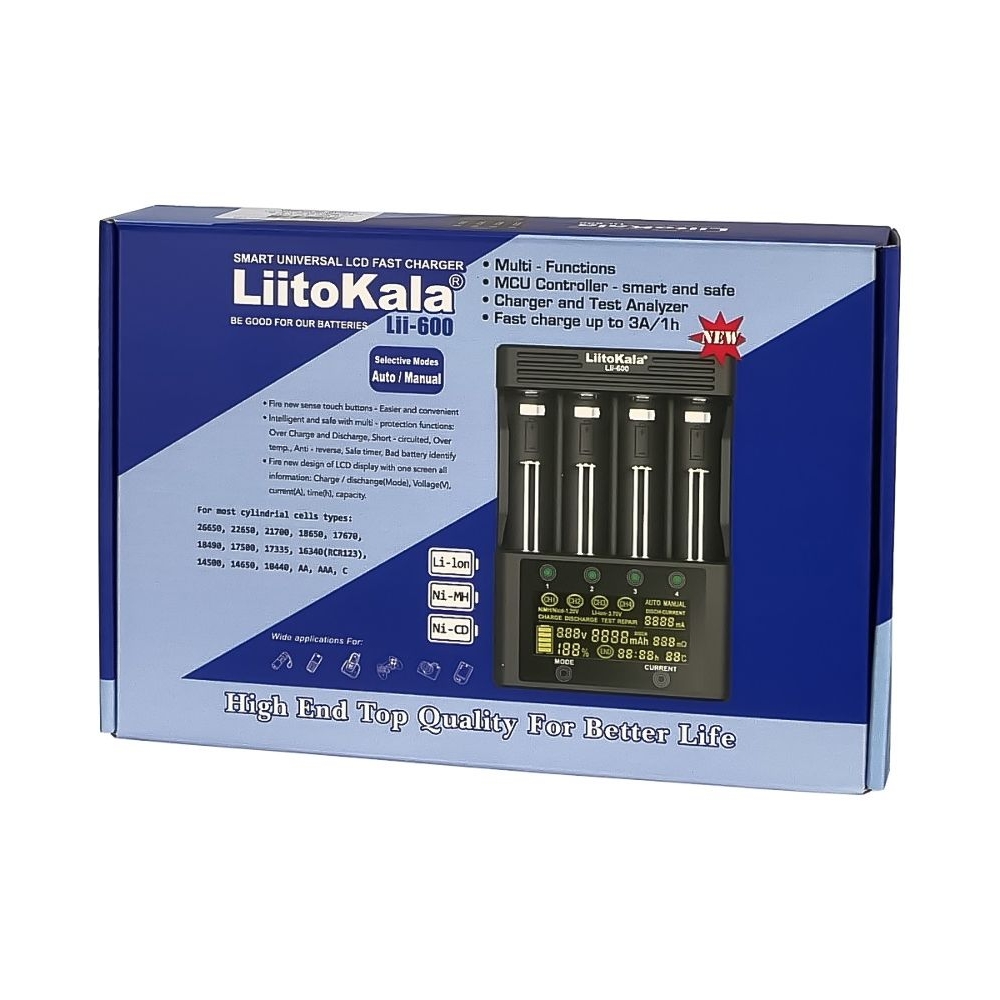 Сетевое зарядное устройство с тестером LiitoKala Lii-600, для аккумуляторов 18650, АА, ААА и других, универсальное, 4 слота