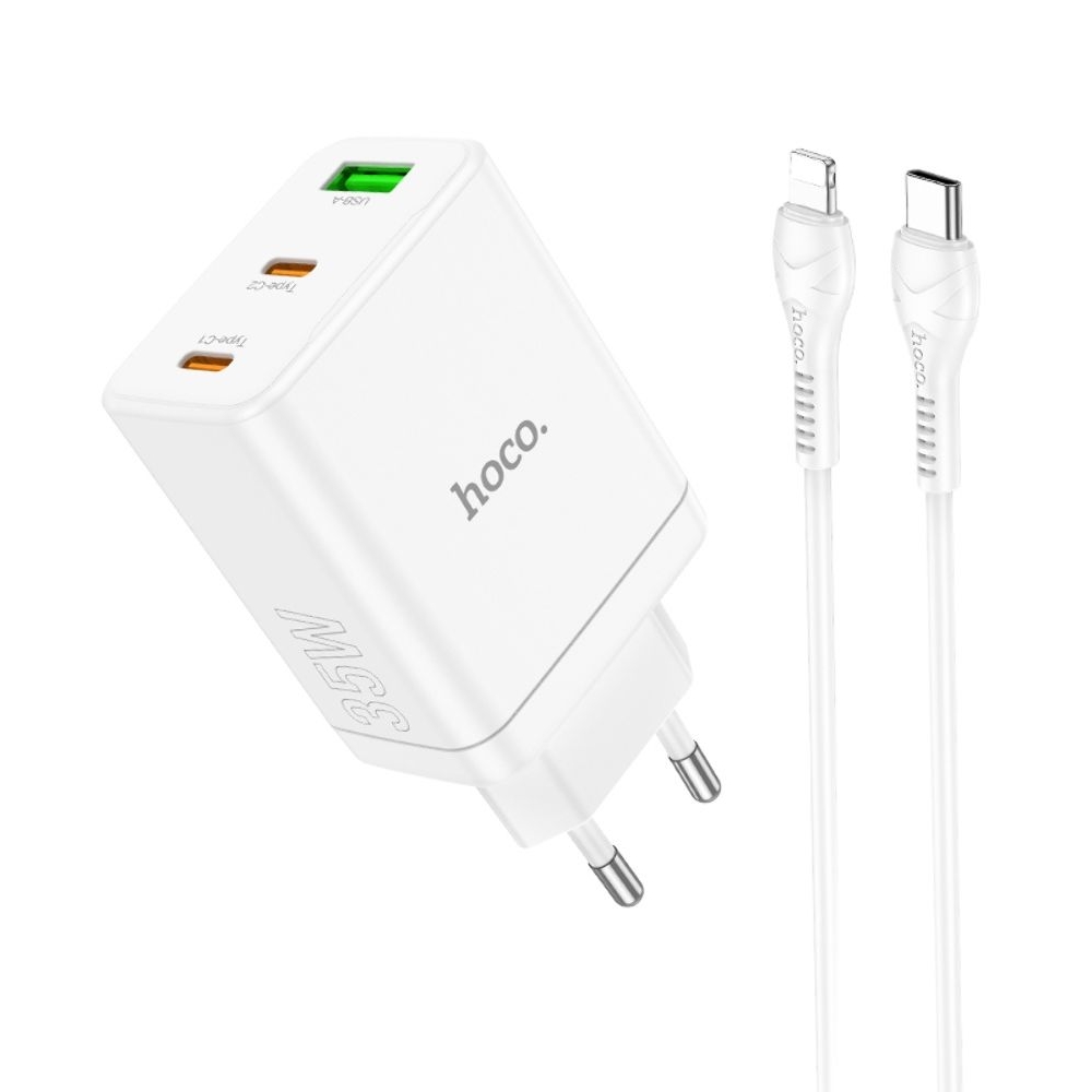 Сетевое зарядное устройство Hoco N33, 1 USB, 2 Type-C, PowerDelivery (35 Вт), белое, с кабелем Type-C на Lightning