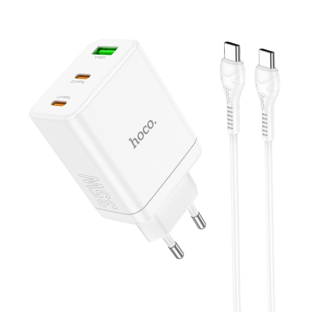Сетевое зарядное устройство Hoco N33, 1 USB, 2 Type-C, PowerDelivery (35 Вт), белое, с кабелем Type-C на Type-C