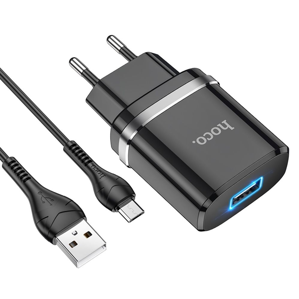 Сетевое зарядное устройство Hoco N1, 1 USB, черное, с кабелем MicroUSB