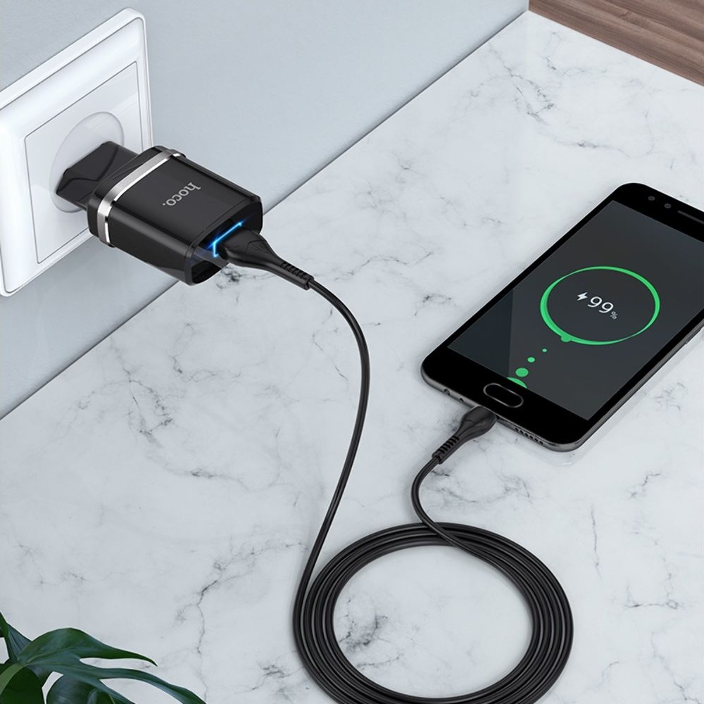 Сетевое зарядное устройство Hoco N1, 1 USB, черное, с кабелем MicroUSB