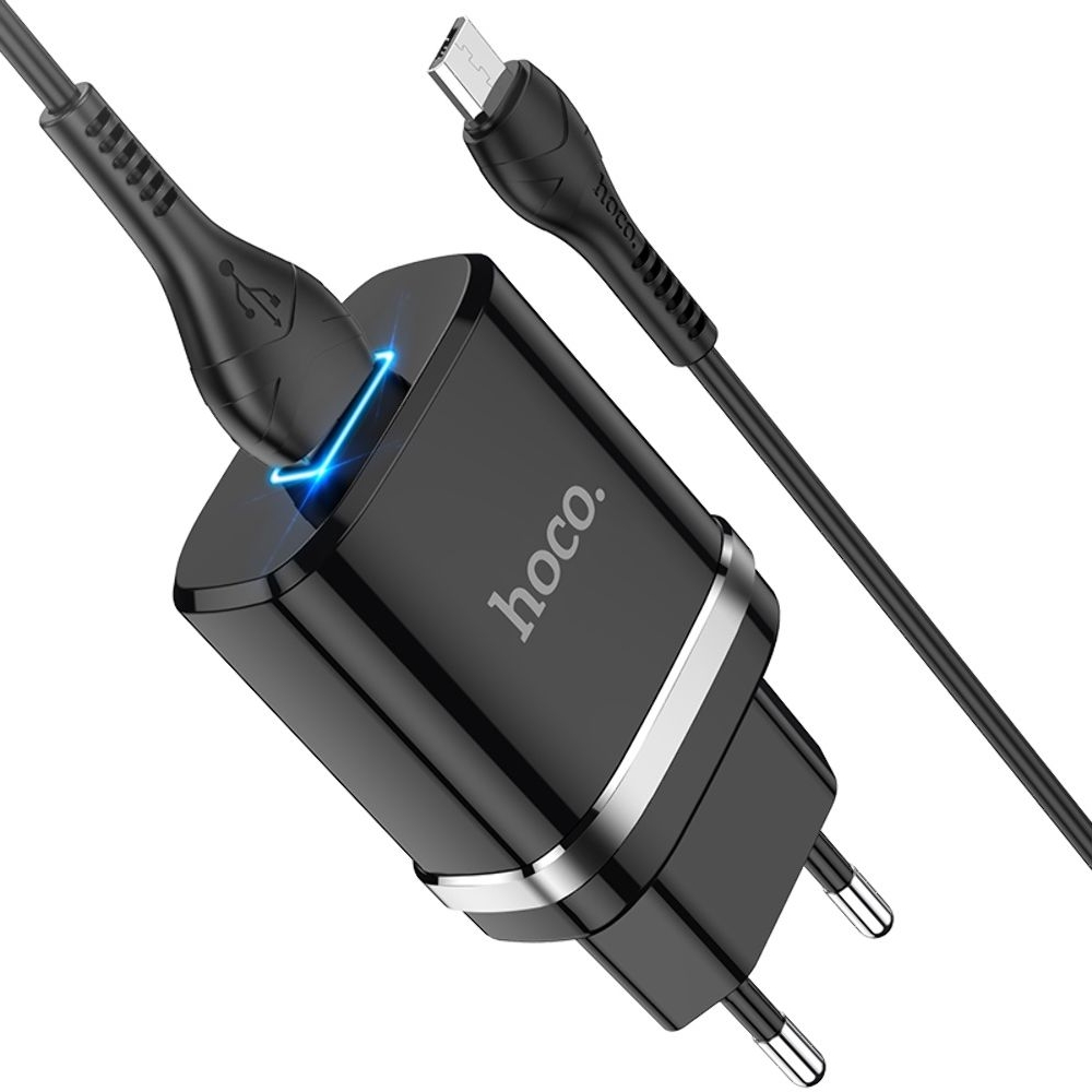 Сетевое зарядное устройство Hoco N1, 1 USB, черное, с кабелем MicroUSB