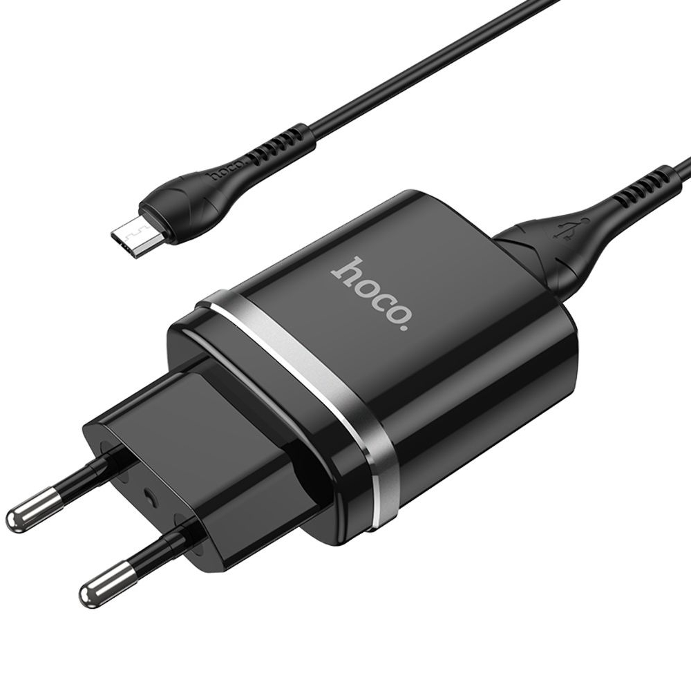 Сетевое зарядное устройство Hoco N1, 1 USB, черное, с кабелем MicroUSB