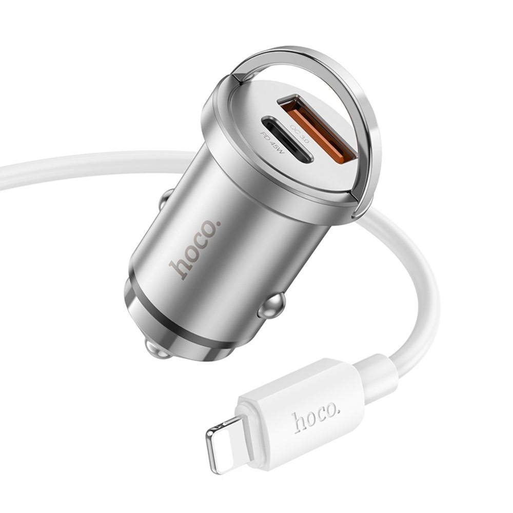 Автомобильное зарядное устройство Hoco NZ10, USB, Type-C, Power Delivery (45 Вт), серебристый + кабель, Type-C на Lightning