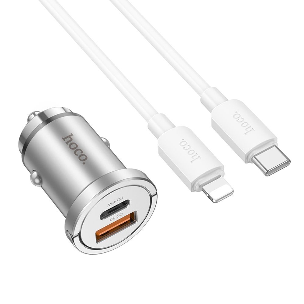 Автомобильное зарядное устройство Hoco NZ10, USB, Type-C, Power Delivery (45 Вт), серебристый + кабель, Type-C на Lightning