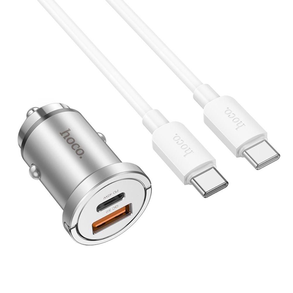 Автомобильное зарядное устройство Hoco NZ10, USB, Type-C, Power Delivery (45 Вт), серебристый + кабель, Type-C на Type-C