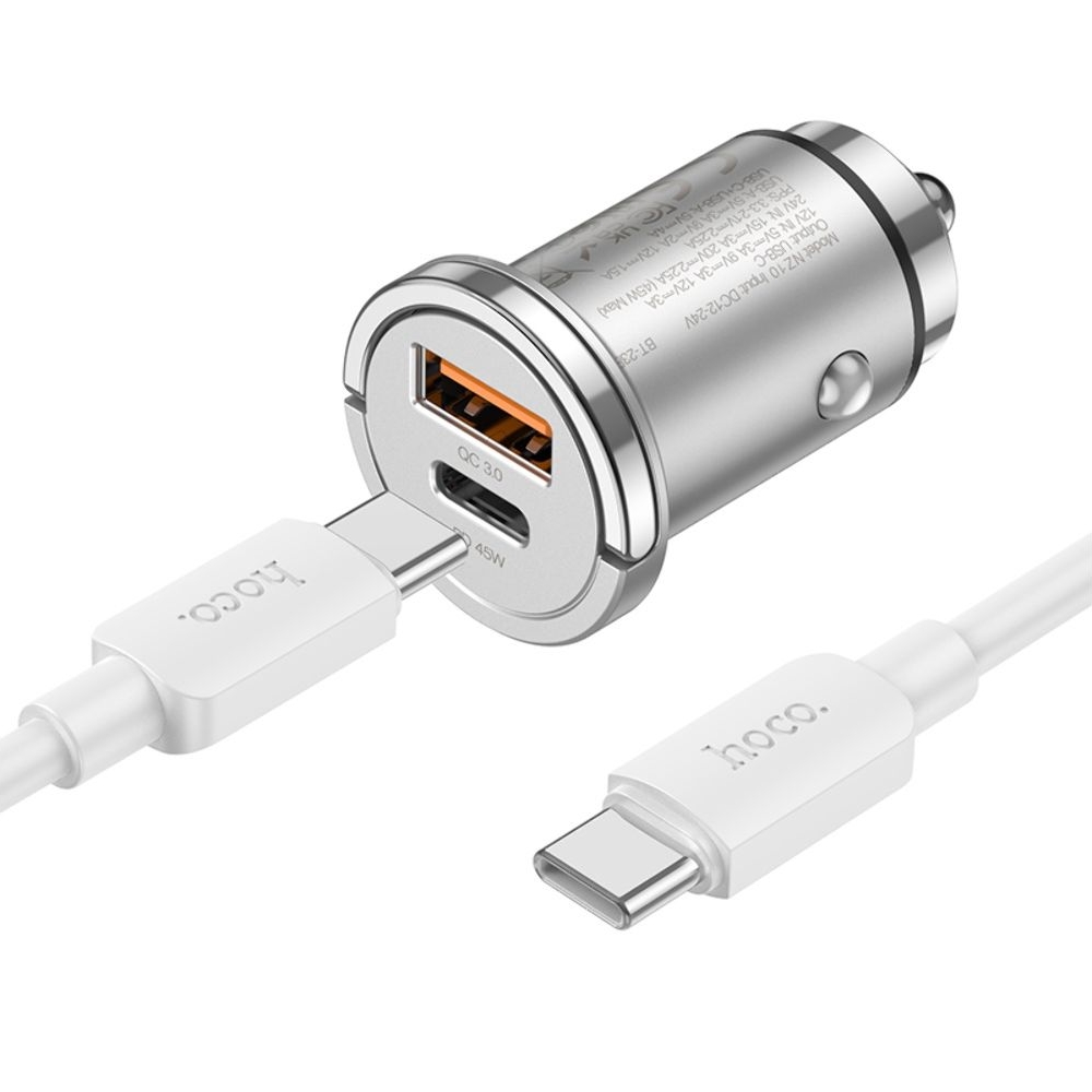 Автомобильное зарядное устройство Hoco NZ10, USB, Type-C, Power Delivery (45 Вт), серебристый + кабель, Type-C на Type-C
