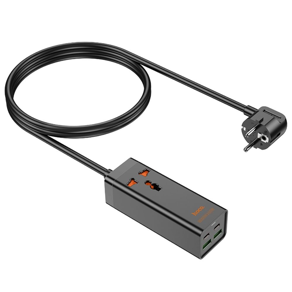 Сетевое зарядное устройство-удлинитель Hoco AC10A, 2 USB, 2 Type-C, PowerDelivery (65 Вт), 1 розетка, 150 см, черное