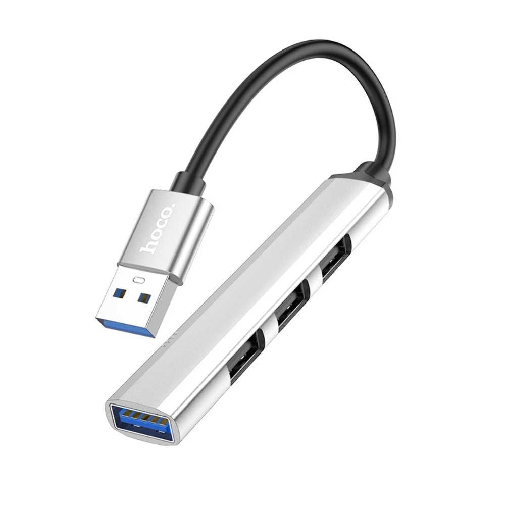 Мультиадаптер хаб Hoco HB26 4в1 USB на USB 3.0 (F), 3 USB 2.0 (F) 0.13m, серебристый