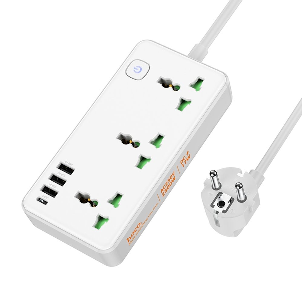 Сетевое зарядное устройство удлинитель Hoco AC7A, 3 USB, 1 Type-C 3 розетки, 150 см, белое