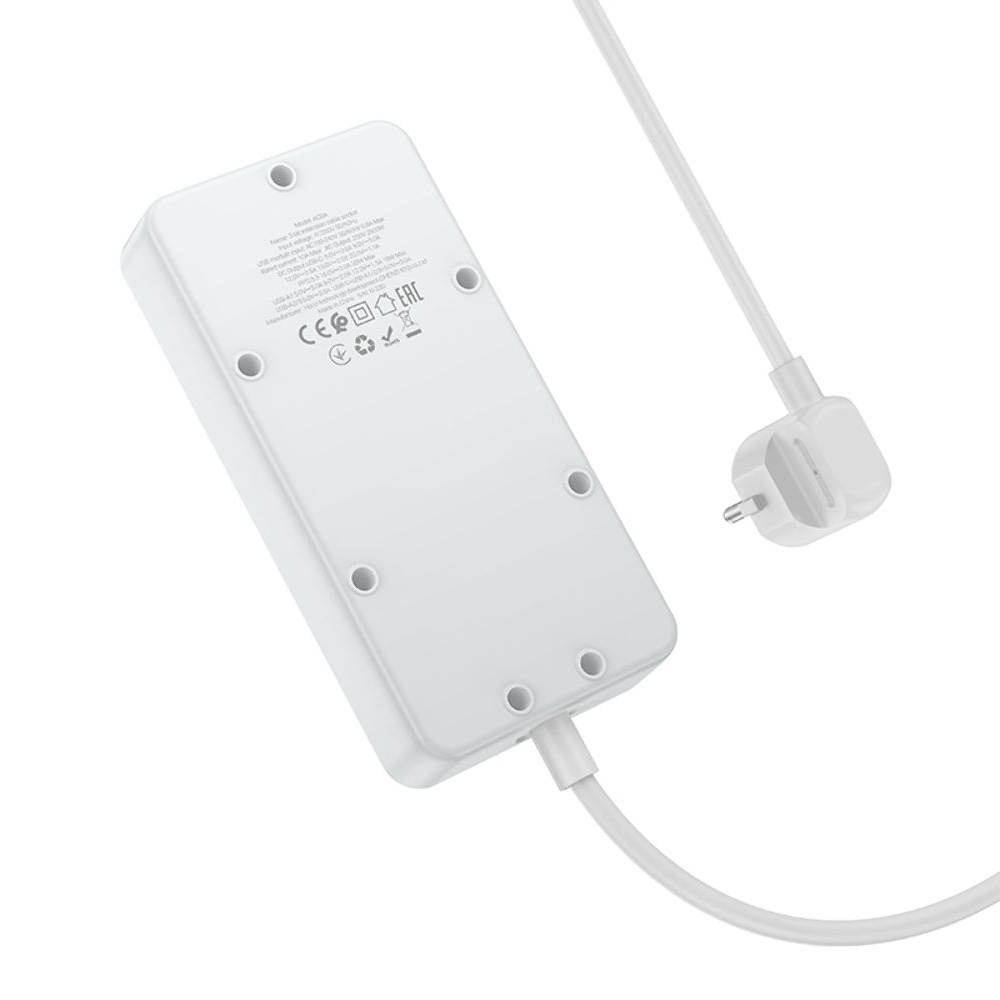 Сетевое зарядное устройство удлинитель Hoco AC8A, 3 USB, 1 Type-C, PowerDelivery (30 Вт), QuickCharge, 3 розетки, 150 см, білий