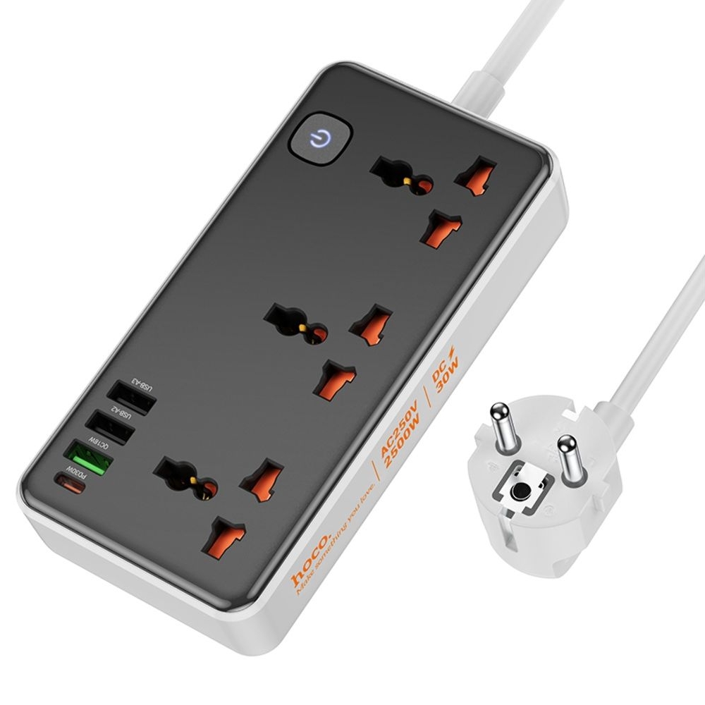 Сетевое зарядное устройство удлинитель Hoco AC8A, 3 USB, 1 Type-C, PowerDelivery (30 Вт), QuickCharge, 3 розетки, 150 см, черный