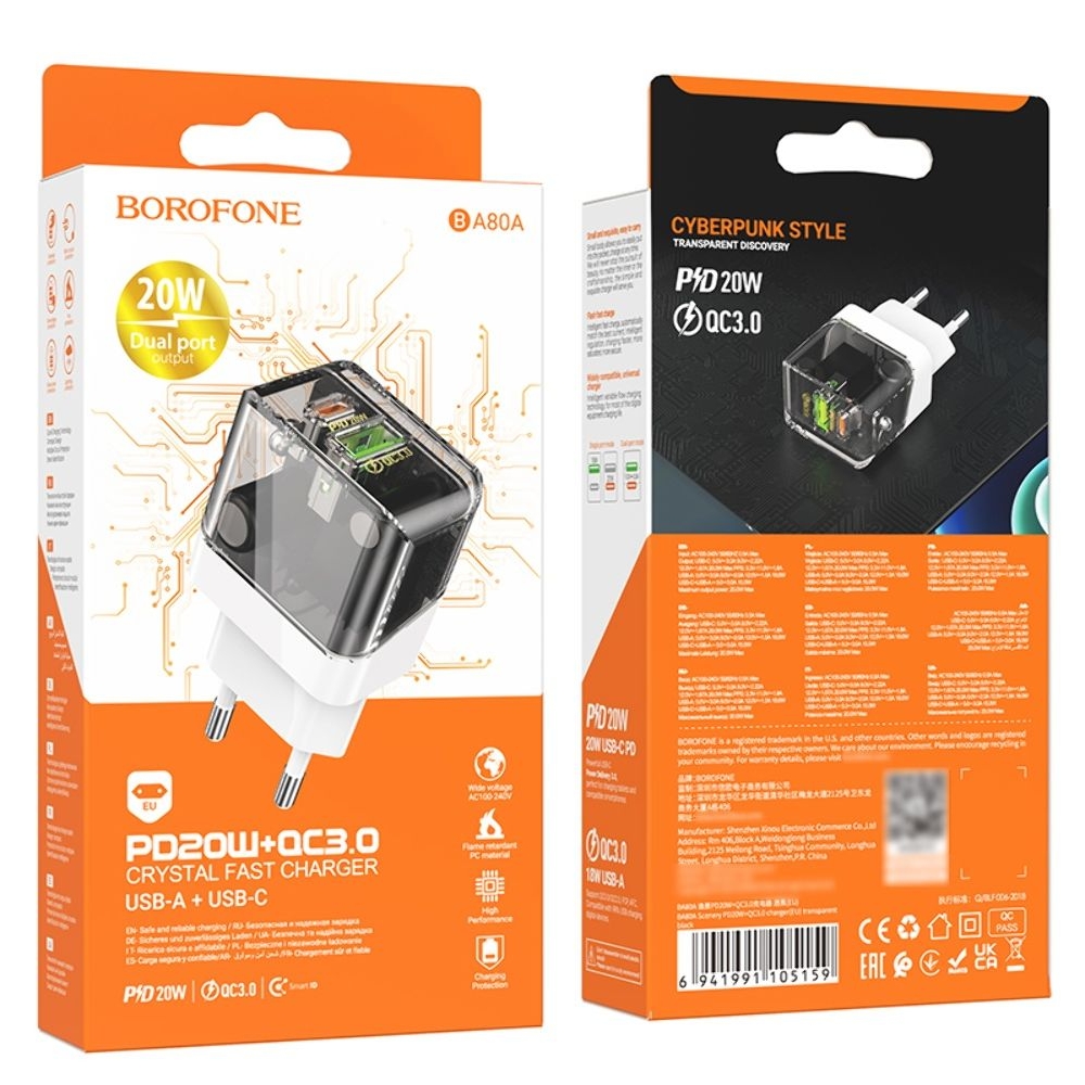 Сетевое зарядное устройство Borofone BA80A USB, Type-C, PowerDelivery, QuickCharge прозрачно-, черное