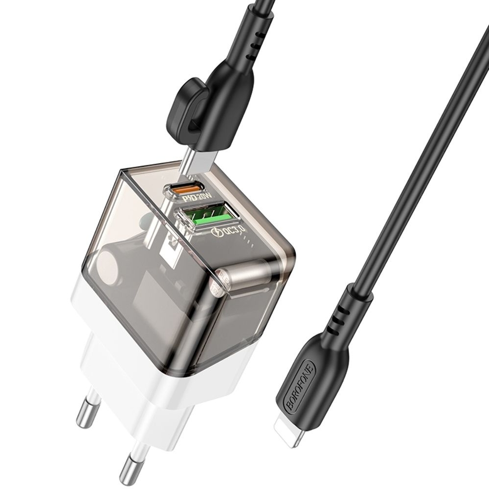 Сетевое зарядное устройство Borofone BA80A USB, Type-C, PD QC прозрачно-, черное + кабель, Type-C на Lightning